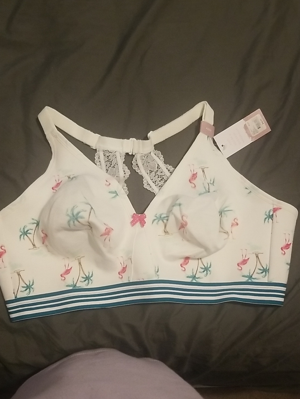 Cacique White Flamingo Print Lace Back Bra